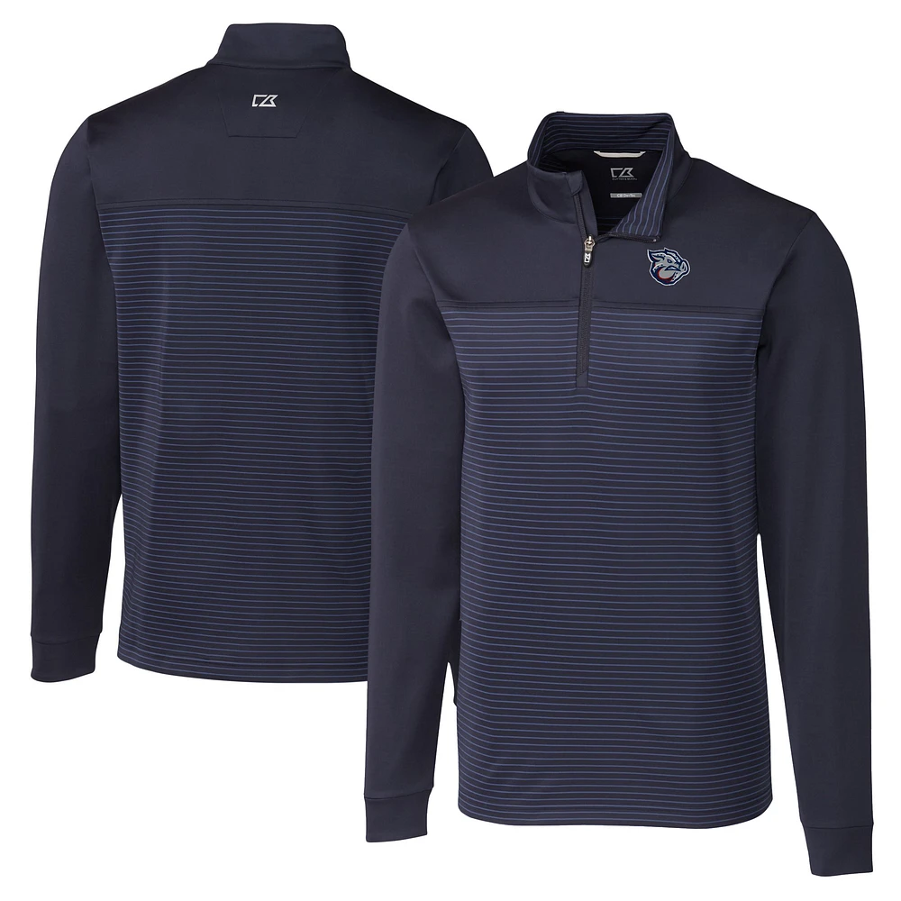 Men's Cutter & Buck Navy Lehigh Valley IronPigs Big Tall Traverse Stripe Stretch Quarter-Zip Top