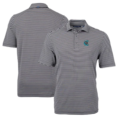 Men's Cutter & Buck Black Charlotte Knights Big Tall Virtue Eco Pique Stripe Recycled DryTec Polo