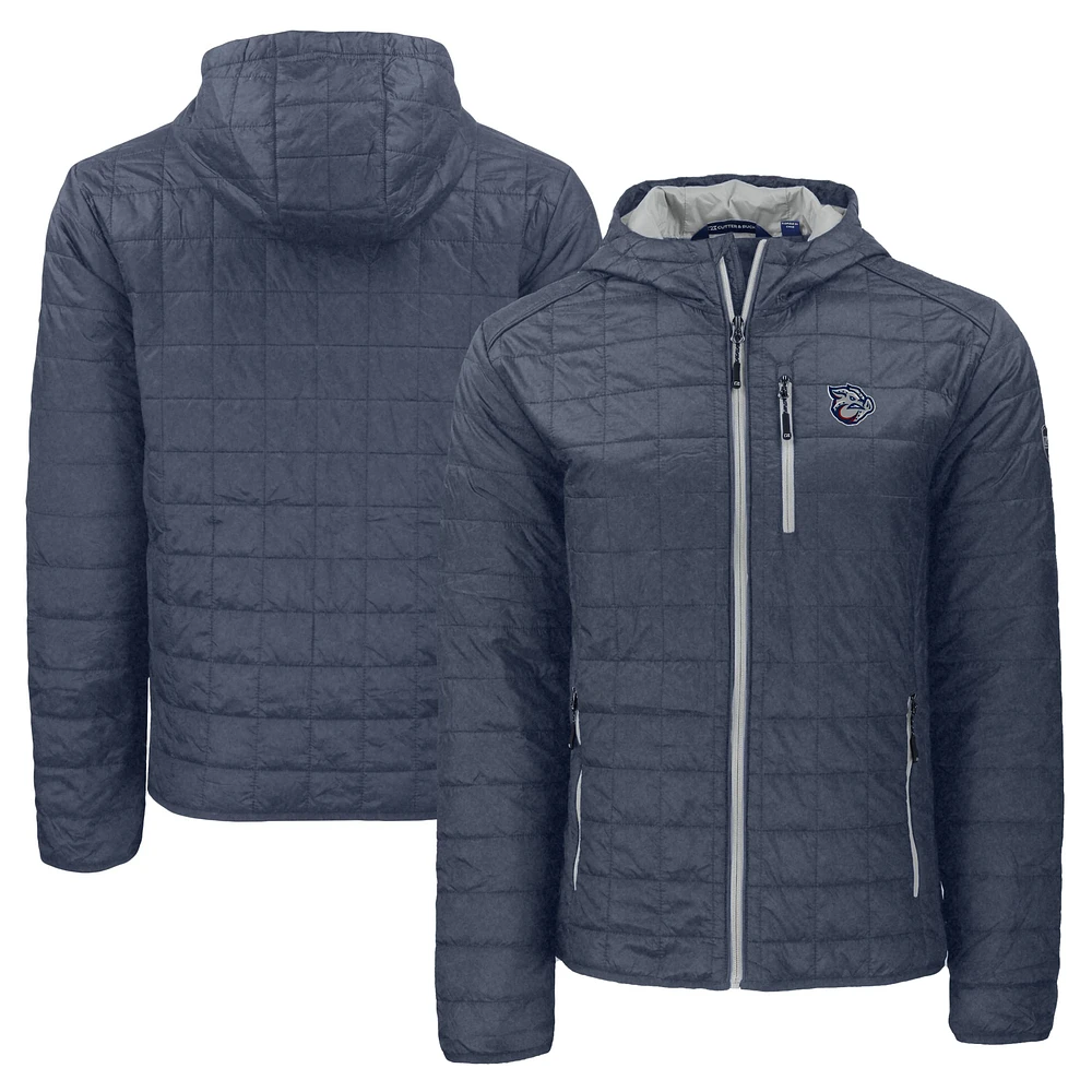 Men's Cutter & Buck Heather Navy Lehigh Valley IronPigs Rainier PrimaLoft Eco Full-Zip Hooded Jacket