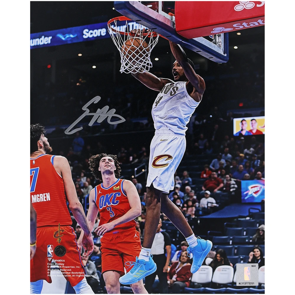 Evan Mobley Cleveland Cavaliers Autographed 8" x 10" White Jersey Dunking vs. Oklahoma Thunder Photograph
