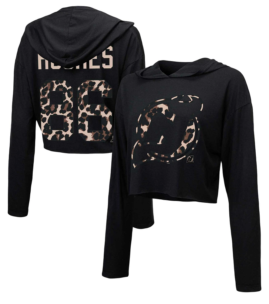 Women's Majestic Threads Jack Hughes Black New Jersey Devils Leopard Print Name & Number Cropped Pullover Hoodie