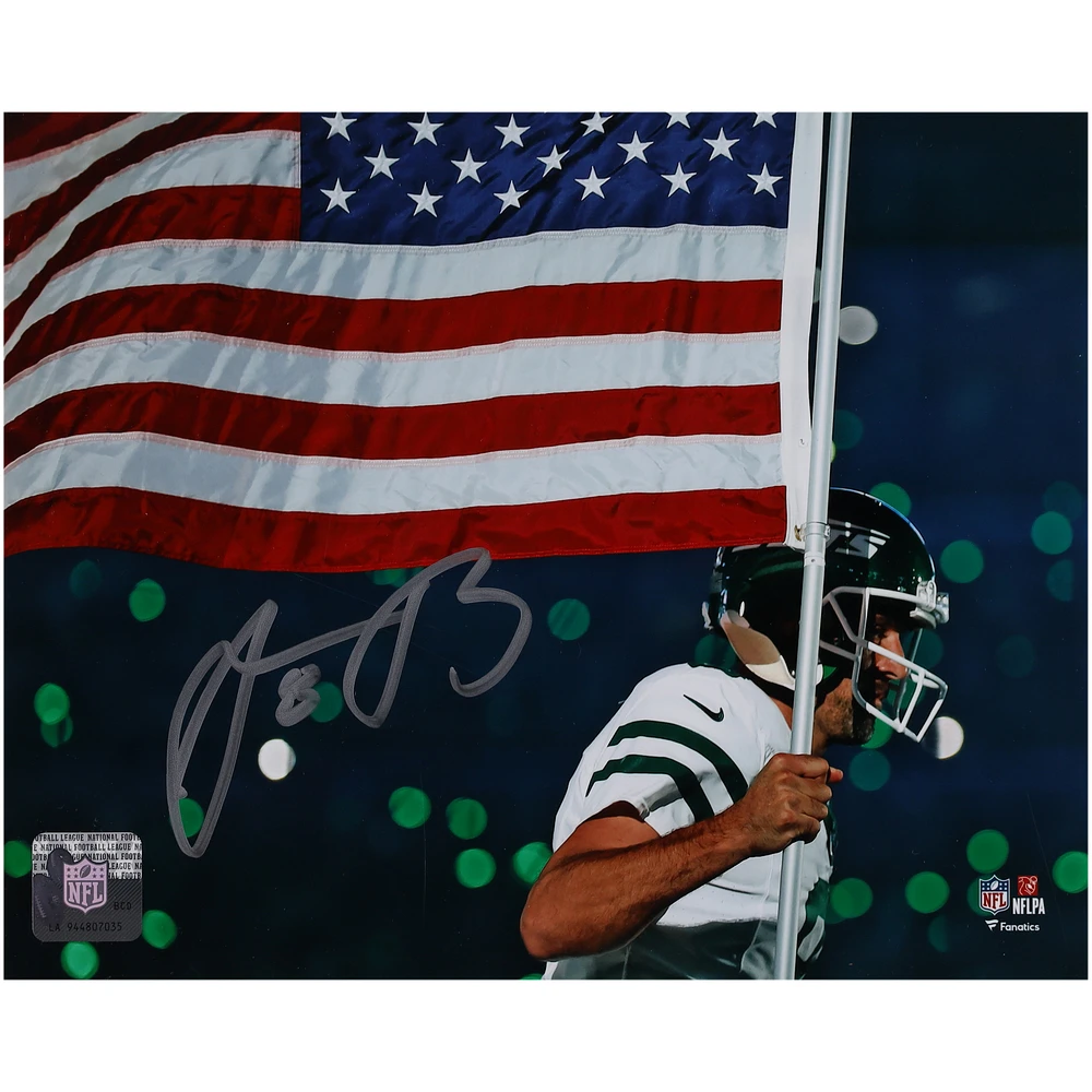Aaron Rodgers New York Jets Autographed 8" x 10" Running with American Flag Photograph