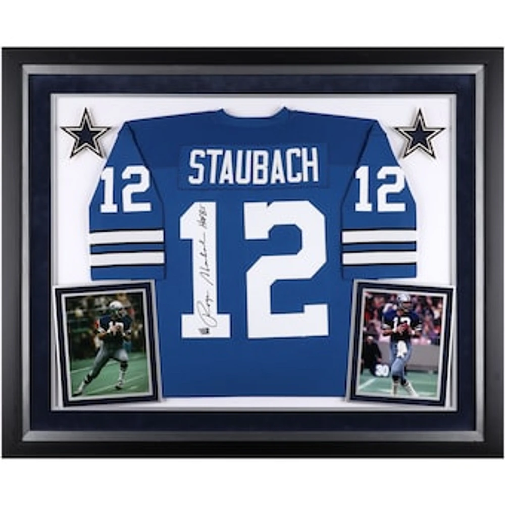 Roger Staubach Dallas Cowboys Autographed Deluxe Framed Blue Authentic Mitchell & Ness Jersey with "HOF 85" Inscription