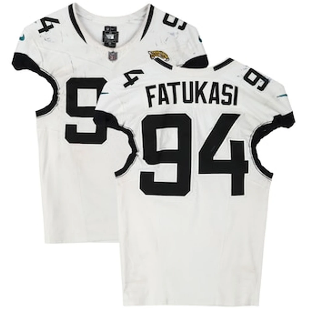 Folorunso Fatukasi Jacksonville Jaguars Game-Used #94 White Jersey vs. Houston Texans on November 26, 2023