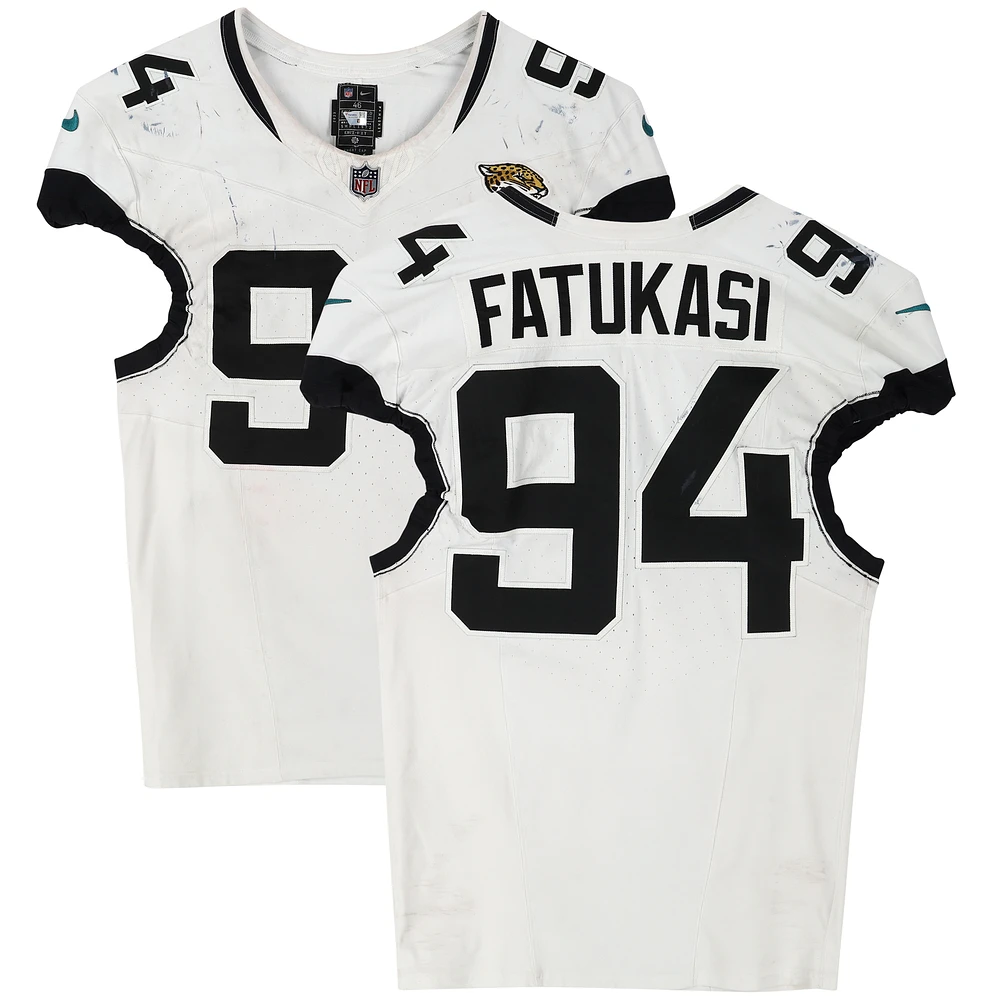 Folorunso Fatukasi Jacksonville Jaguars Game-Used #94 White Jersey vs. Houston Texans on November 26, 2023