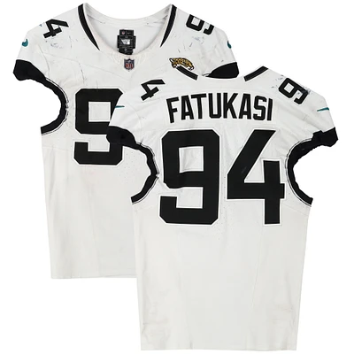 Folorunso Fatukasi Jacksonville Jaguars Game-Used #94 White Jersey vs. Houston Texans on November 26, 2023
