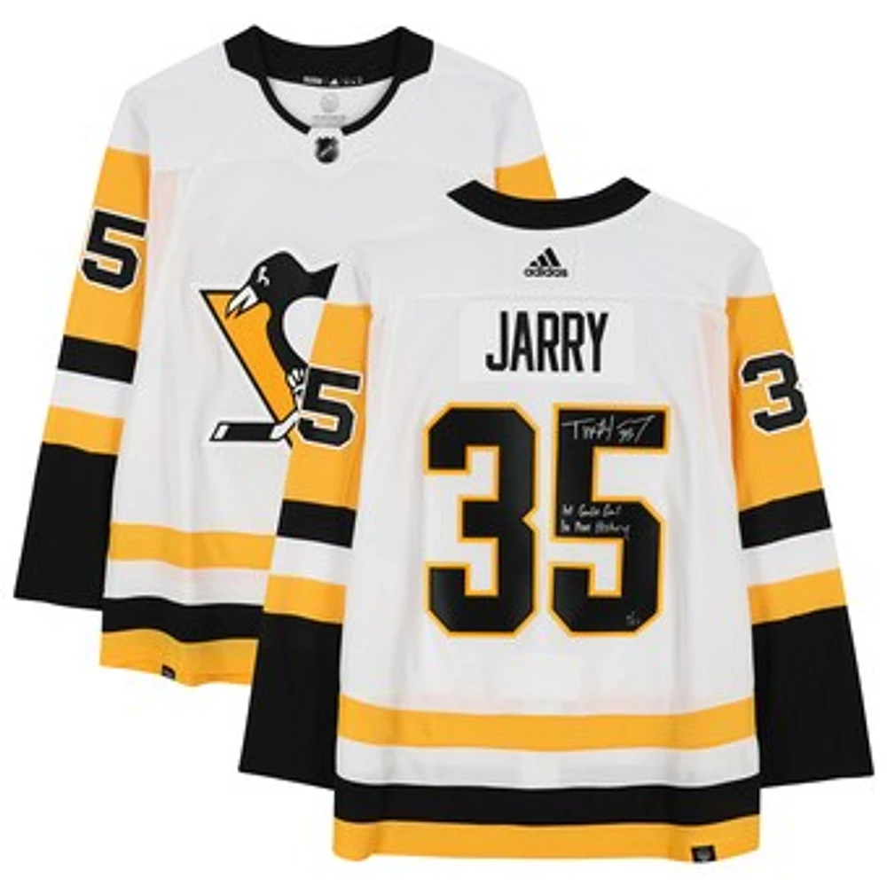Tristan Jarry Pittsburgh Penguins Autographed White adidas Authentic Jersey with "1st Goalie Goal in Pens History" Inscription - Limited Edition of 23
