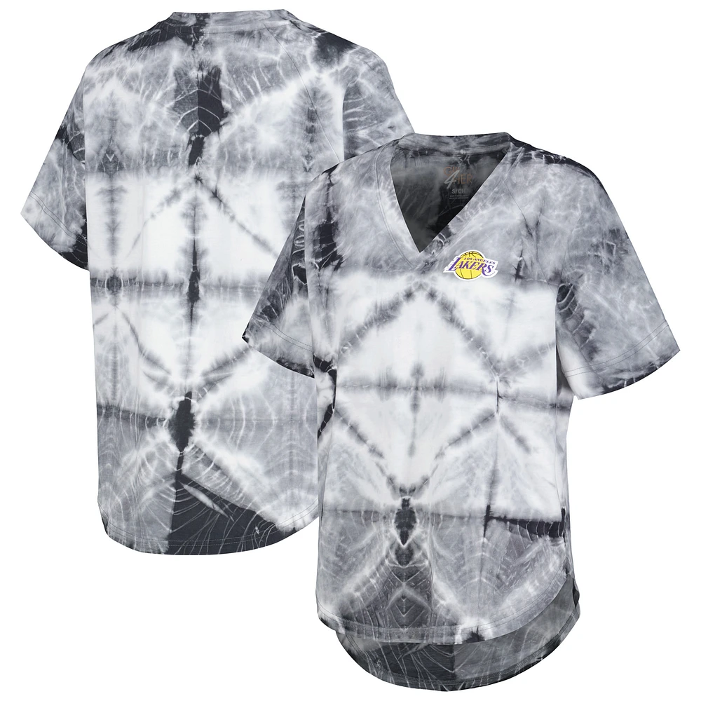 Women's G-III 4Her by Carl Banks Black Los Angeles Lakers Tournament Raglan Oversized Tie-Dye V-Neck T-Shirt