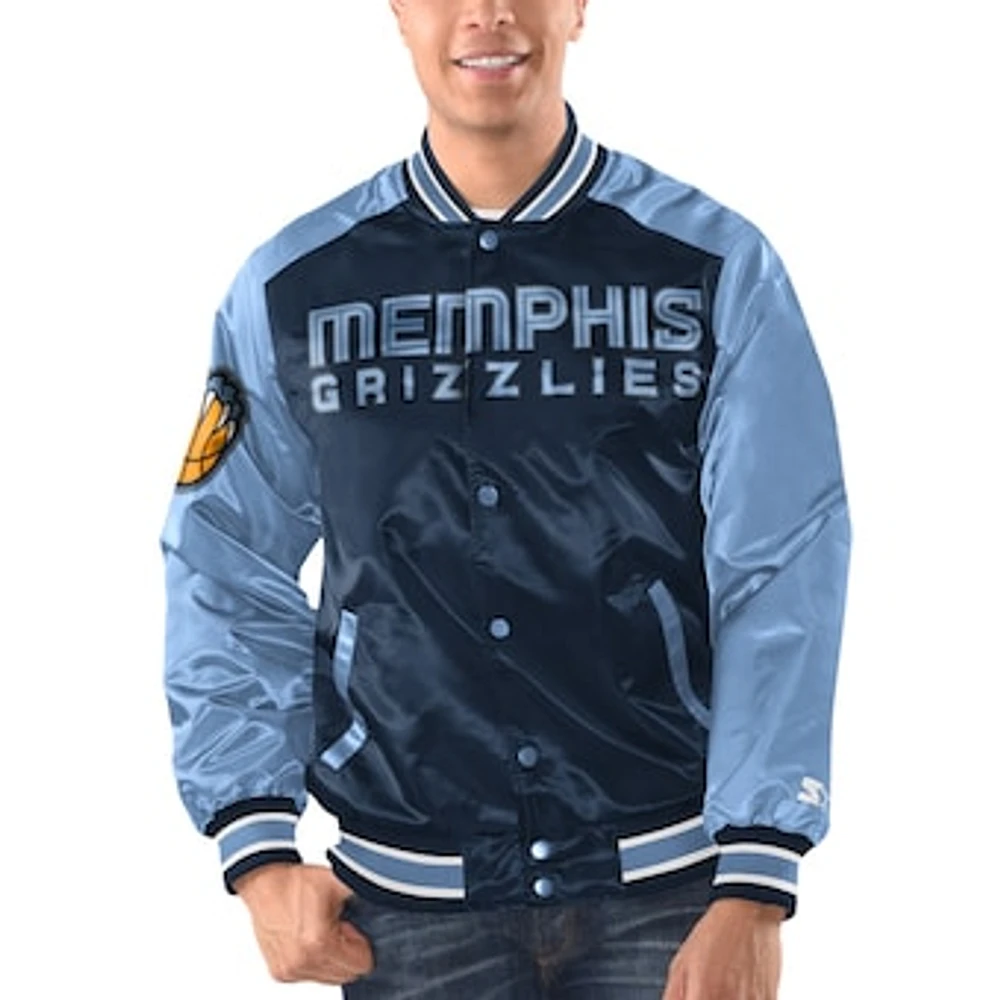 Men's Starter Navy/Light Blue Memphis Grizzlies Renegade Satin Full-Snap Varsity Jacket