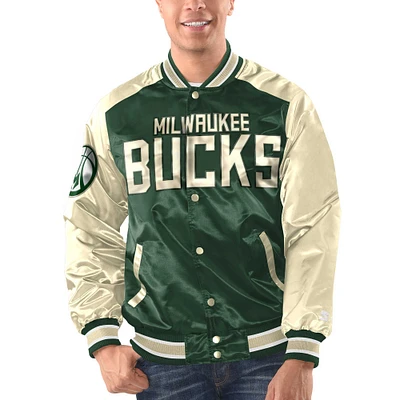 Men's Starter Hunter Green/Cream Milwaukee Bucks Renegade Satin Full-Snap Varsity Jacket