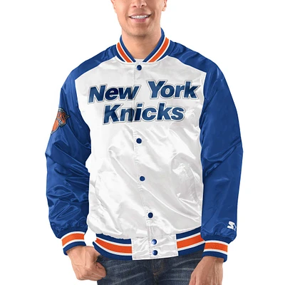 Men's Starter Blue/ New York Knicks Renegade Satin Full-Snap Varsity Jacket