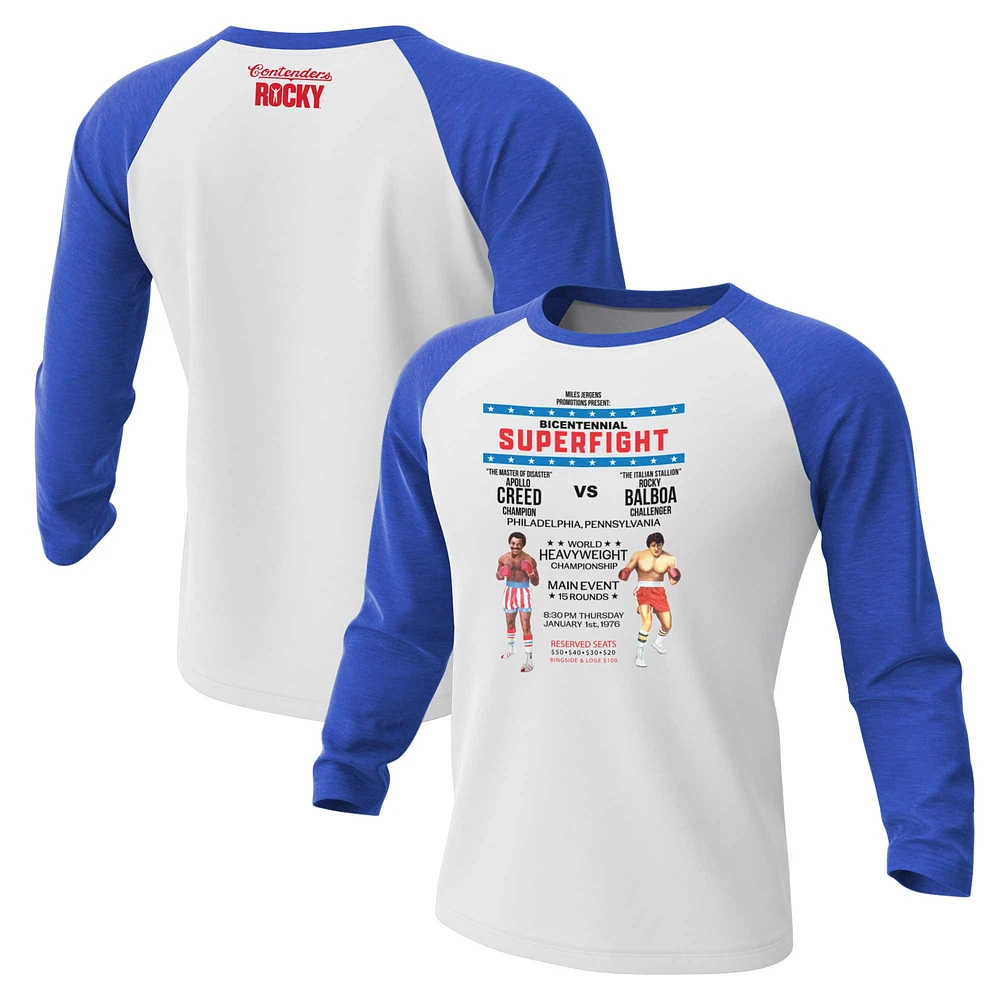 Men's Contenders Clothing White/Blue Rocky Super Fight Poster 3/4-Sleeve Raglan T-Shirt