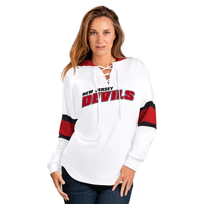 Women's G-III 4Her by Carl Banks White/Red New Jersey Devils Goal Zone Long Sleeve Lace-Up Hoodie T-Shirt