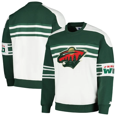 Men's Starter White Minnesota Wild Defense Fleece Crewneck Pullover Sweatshirt