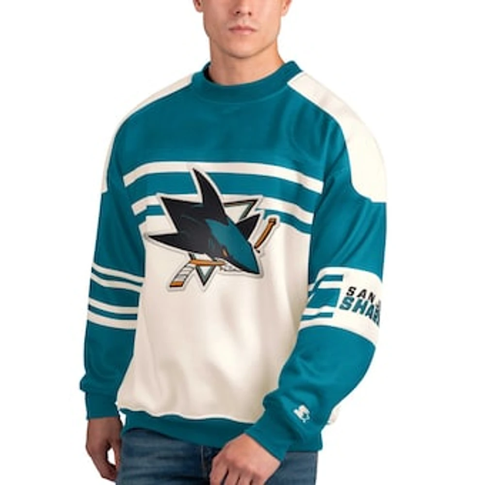 Men's Starter White San Jose Sharks Defense Fleece Crewneck Pullover Sweatshirt
