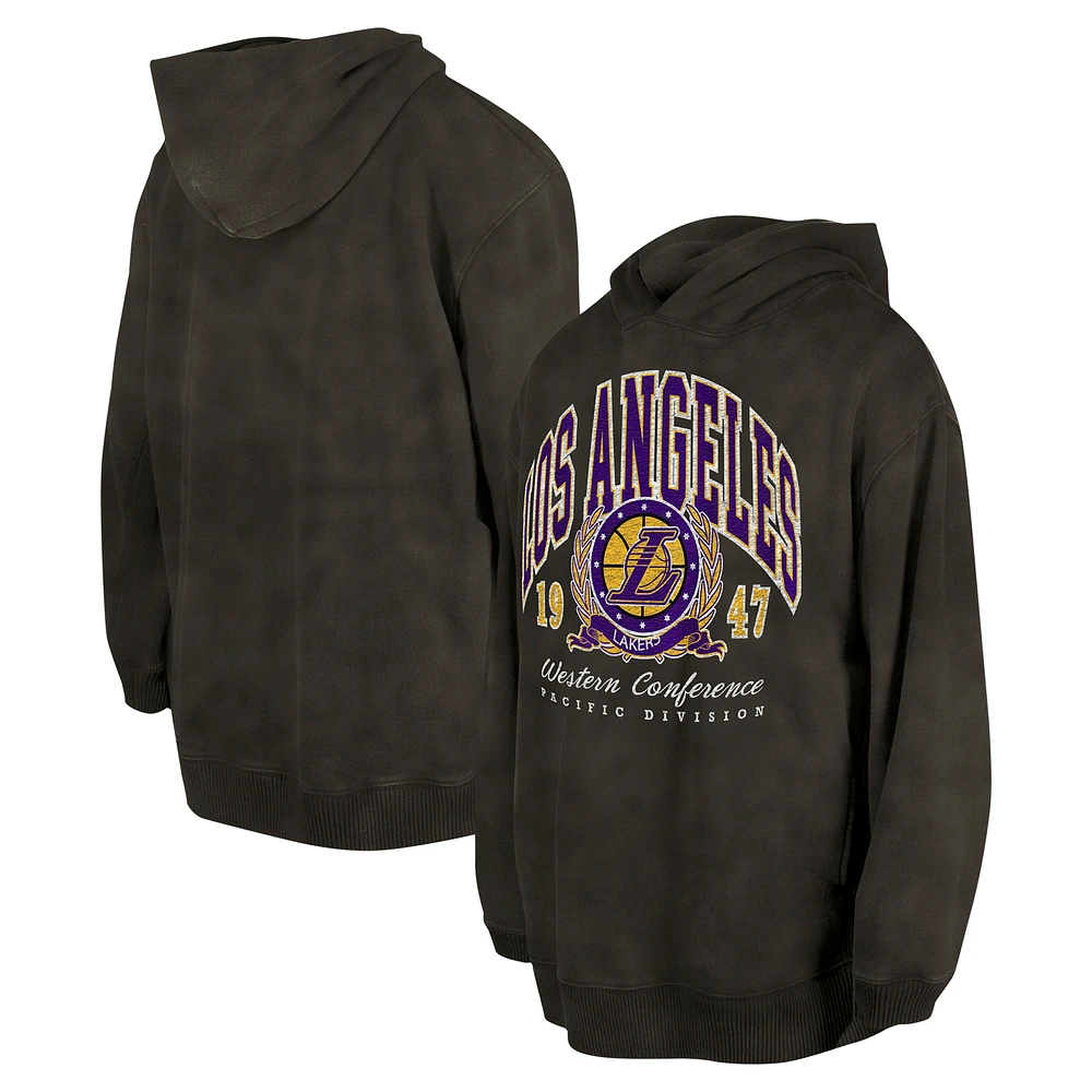 Unisex New Era Charcoal Los Angeles Lakers Oversized Essentials Pigment Wash Fleece Pullover Hoodie