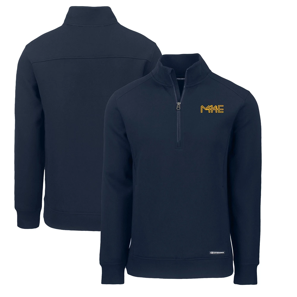 Men's Cutter & Buck Navy Milwaukee Brewers City Connect Roam Eco Recycled Quarter-Zip Pullover