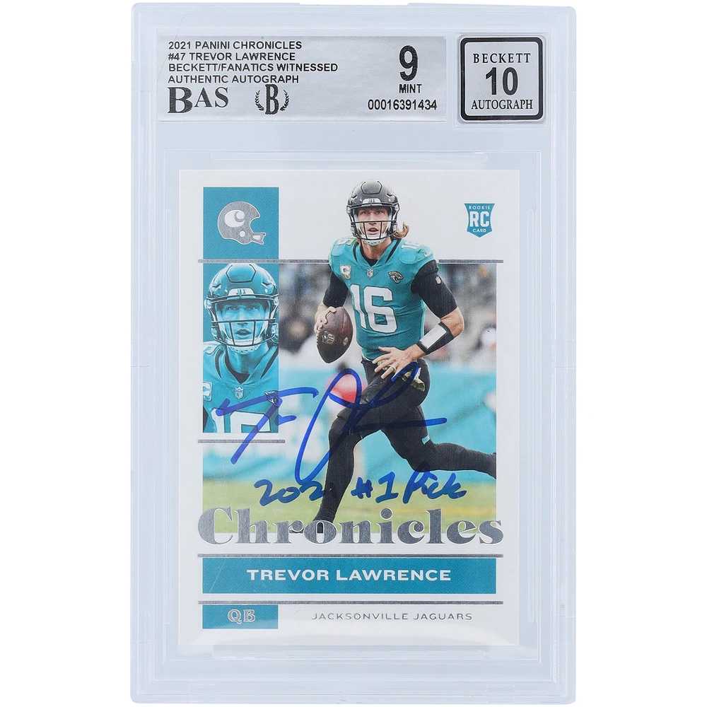 Trevor Lawrence Jacksonville Jaguars Autographed 2021 Panini Chronicles #47 Beckett Fanatics Witnessed Authenticated 9/10 Rookie Card with "2021 #1 Pick" Inscription