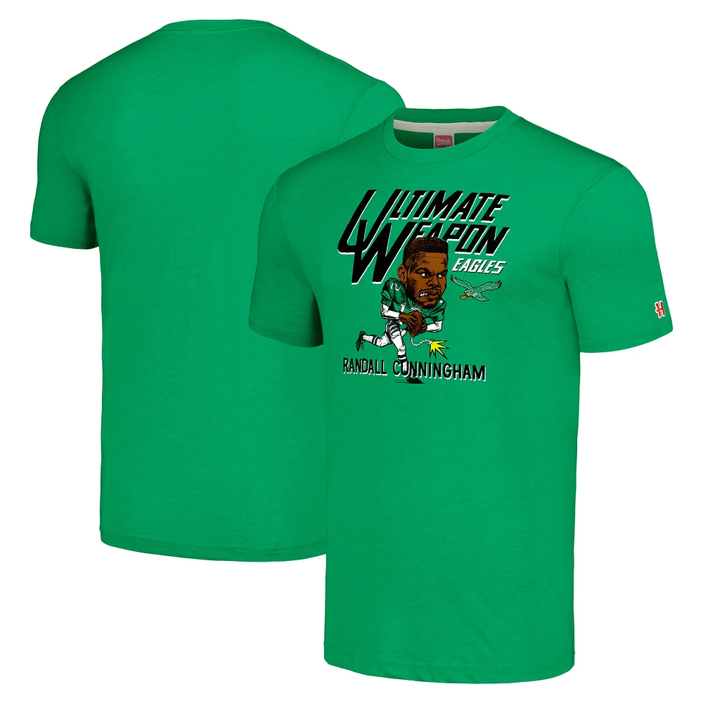 Men's Homage Randall Cunningham Heathered Kelly Green Philadelphia Eagles Caricature Retired Player Tri-Blend T-Shirt
