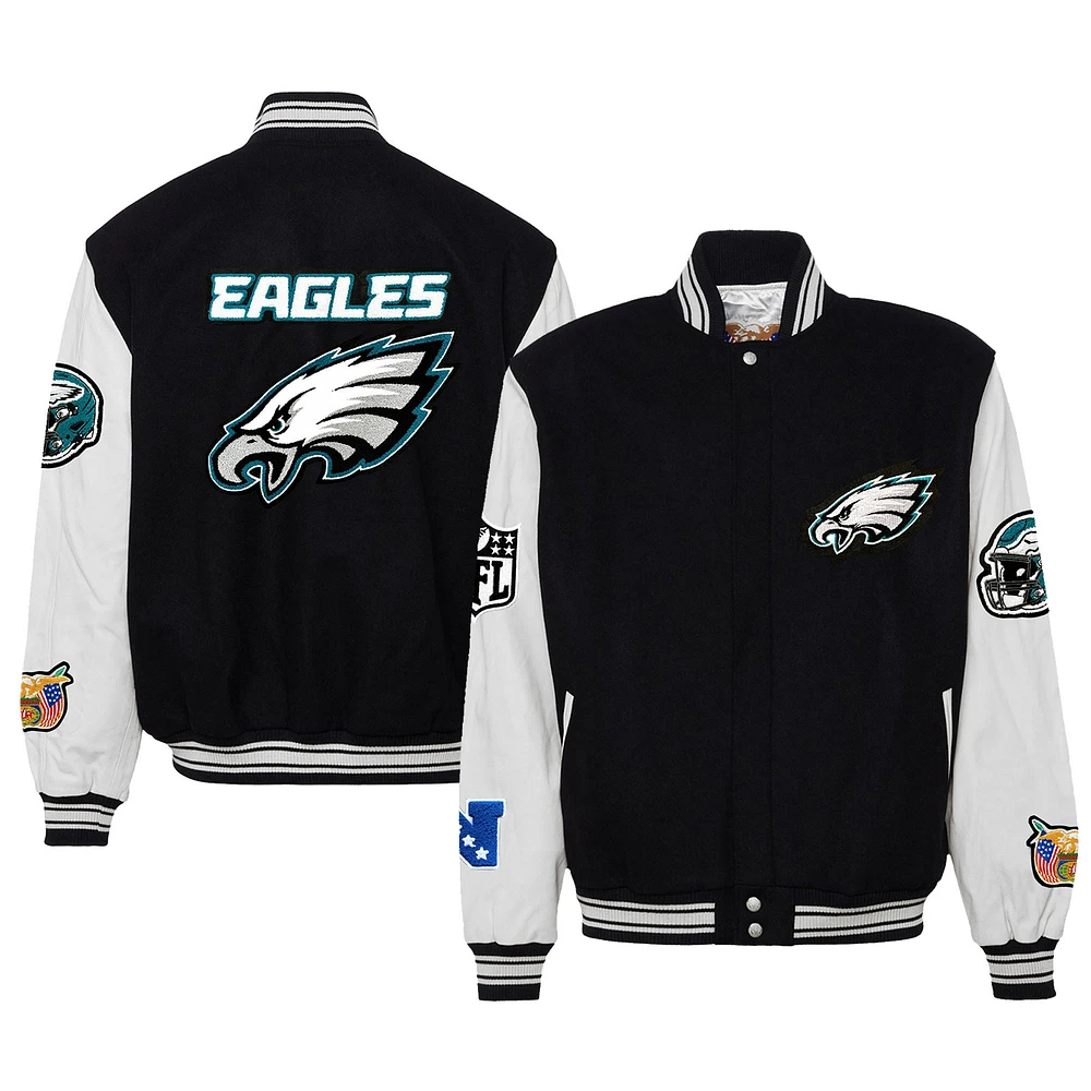 Men's Jeff Hamilton Black Philadelphia Eagles Wool & Leather Full-Snap Varsity Jacket