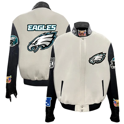 Men's Jeff Hamilton White Philadelphia Eagles Wool & Leather Full-Snap Varsity Jacket