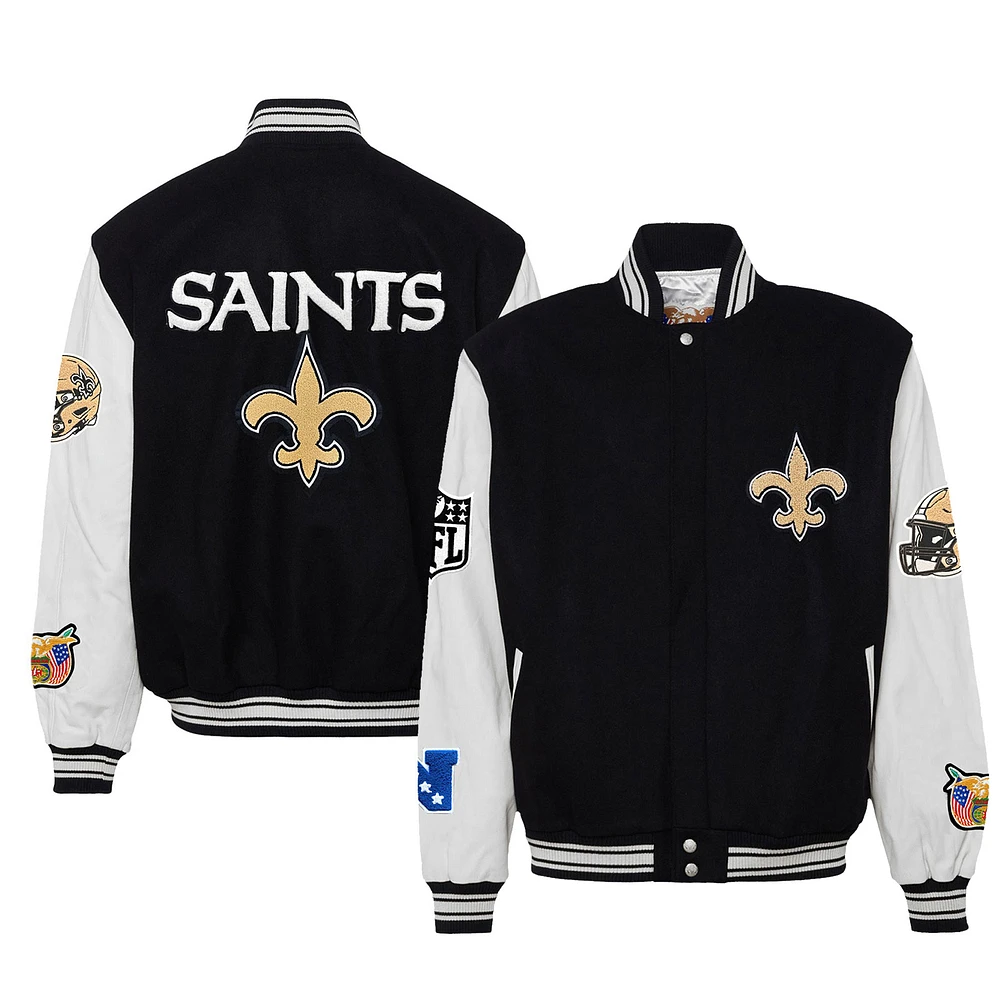 Men's Jeff Hamilton Black New Orleans Saints Wool & Leather Full-Snap Varsity Jacket