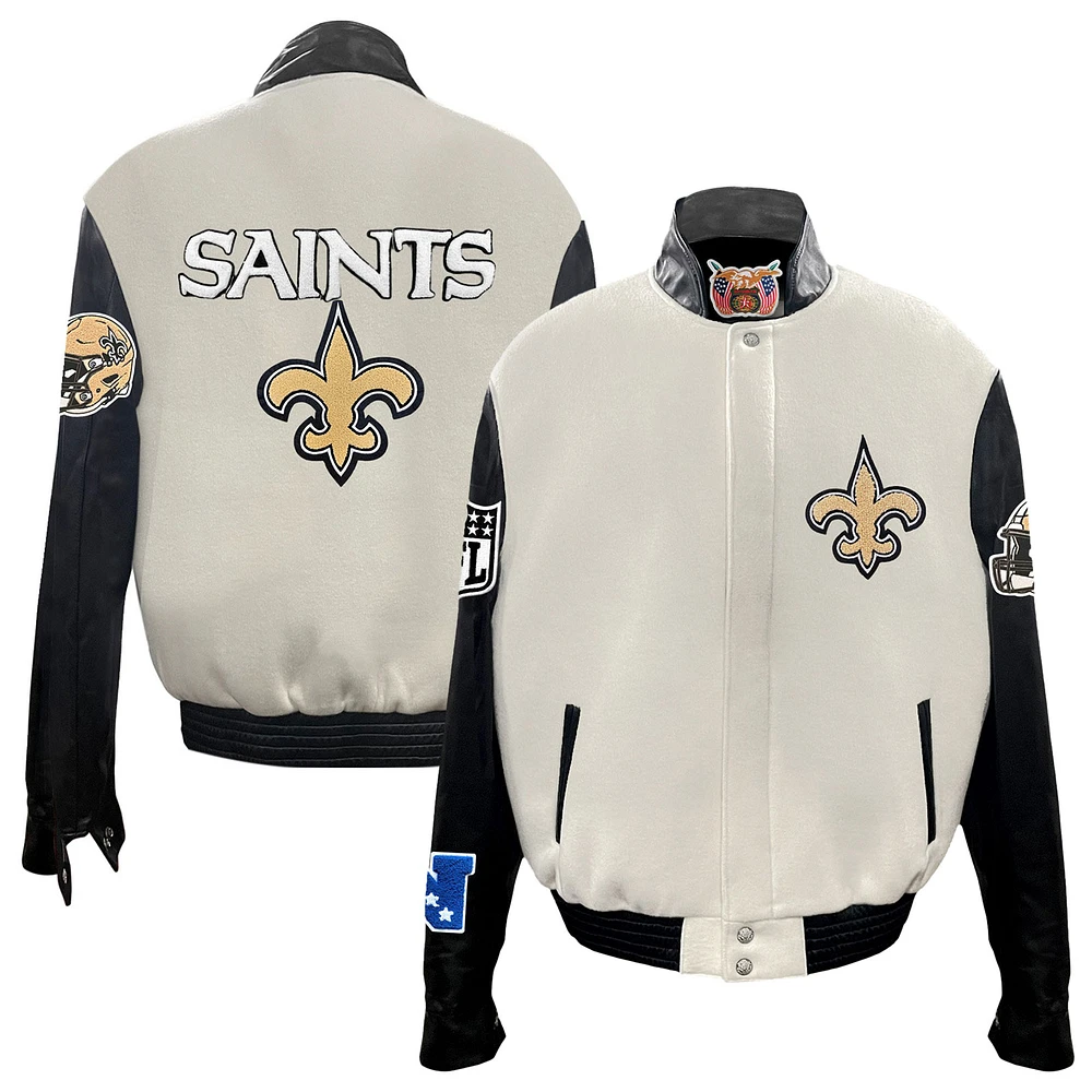 Men's Jeff Hamilton White New Orleans Saints Wool & Leather Full-Snap Varsity Jacket