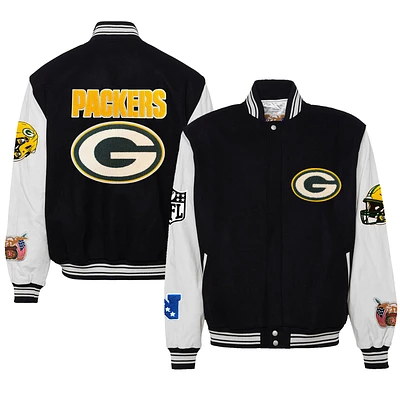 Men's Jeff Hamilton Black Green Bay Packers Wool & Leather Full-Snap Varsity Jacket