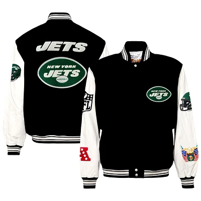 Men's Jeff Hamilton Black New York Jets Wool & Leather Full-Snap Varsity Jacket