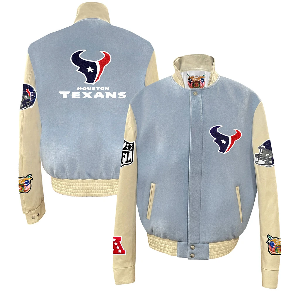 Men's Jeff Hamilton Light Blue Houston Texans Wool & Leather Full-Snap Varsity Jacket