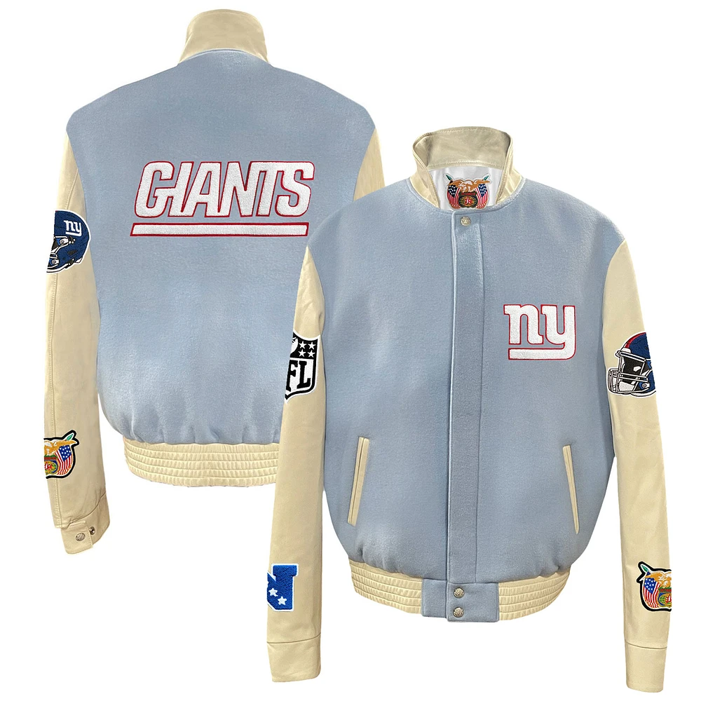 Men's Jeff Hamilton Light Blue New York Giants Wool & Leather Full-Snap Varsity Jacket