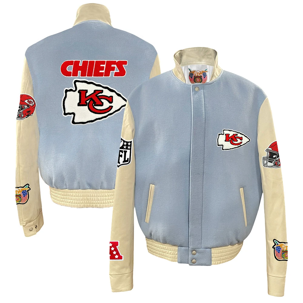 Men's Jeff Hamilton Light Blue Kansas City Chiefs Wool & Leather Full-Snap Varsity Jacket