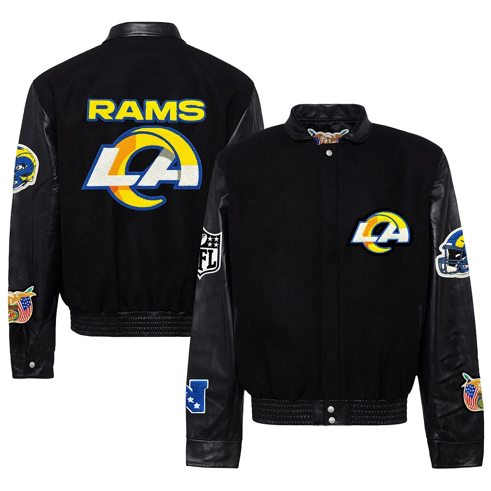 Men's Jeff Hamilton Black Los Angeles Rams Wool & Leather Full-Snap Varsity Jacket