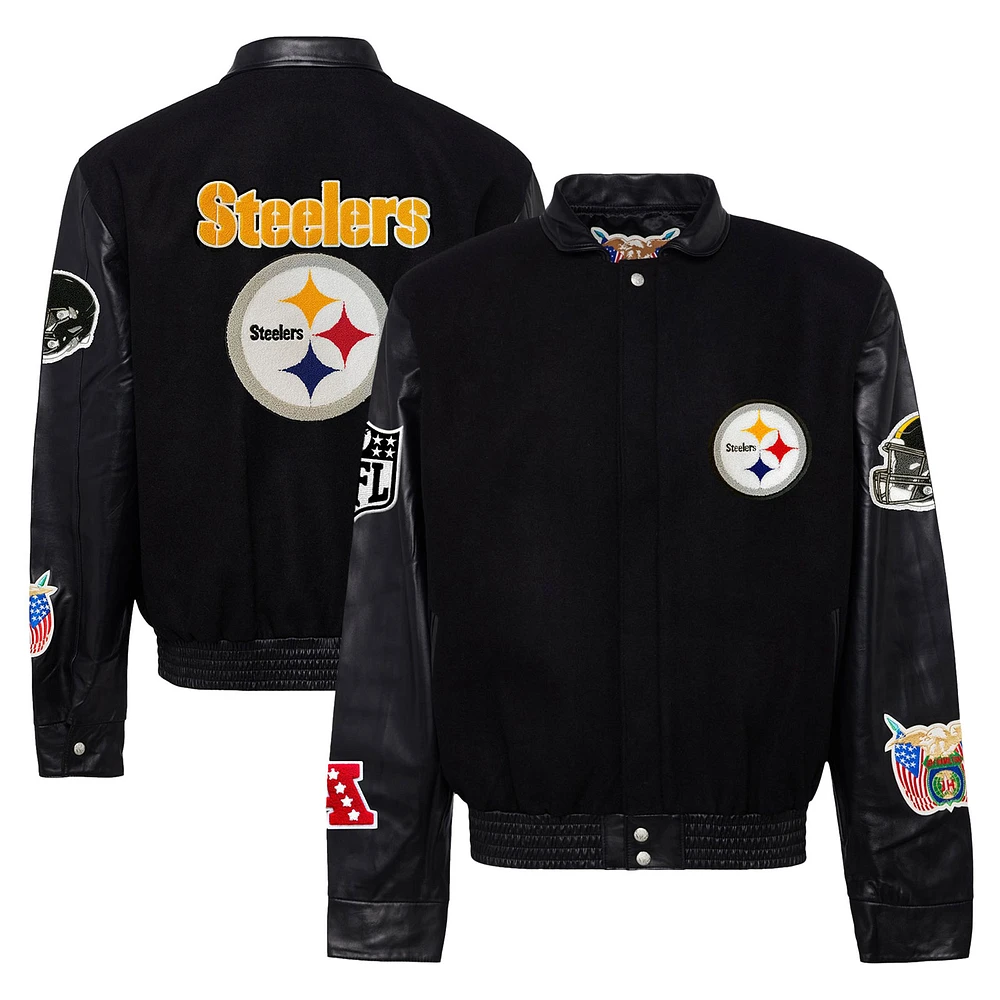 Men's Jeff Hamilton Black Pittsburgh Steelers Wool & Leather Full-Snap Varsity Jacket