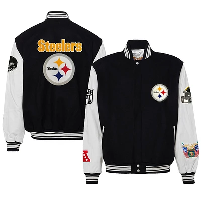 Men's Jeff Hamilton Black Pittsburgh Steelers Wool & Leather Full-Snap Varsity Jacket