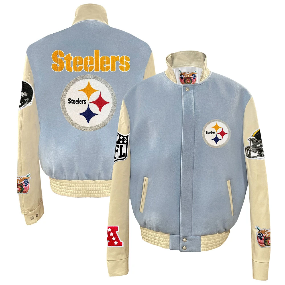 Men's Jeff Hamilton Light Blue Pittsburgh Steelers Wool & Leather Full-Snap Varsity Jacket