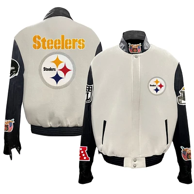 Men's Jeff Hamilton White Pittsburgh Steelers Wool & Leather Full-Snap Varsity Jacket