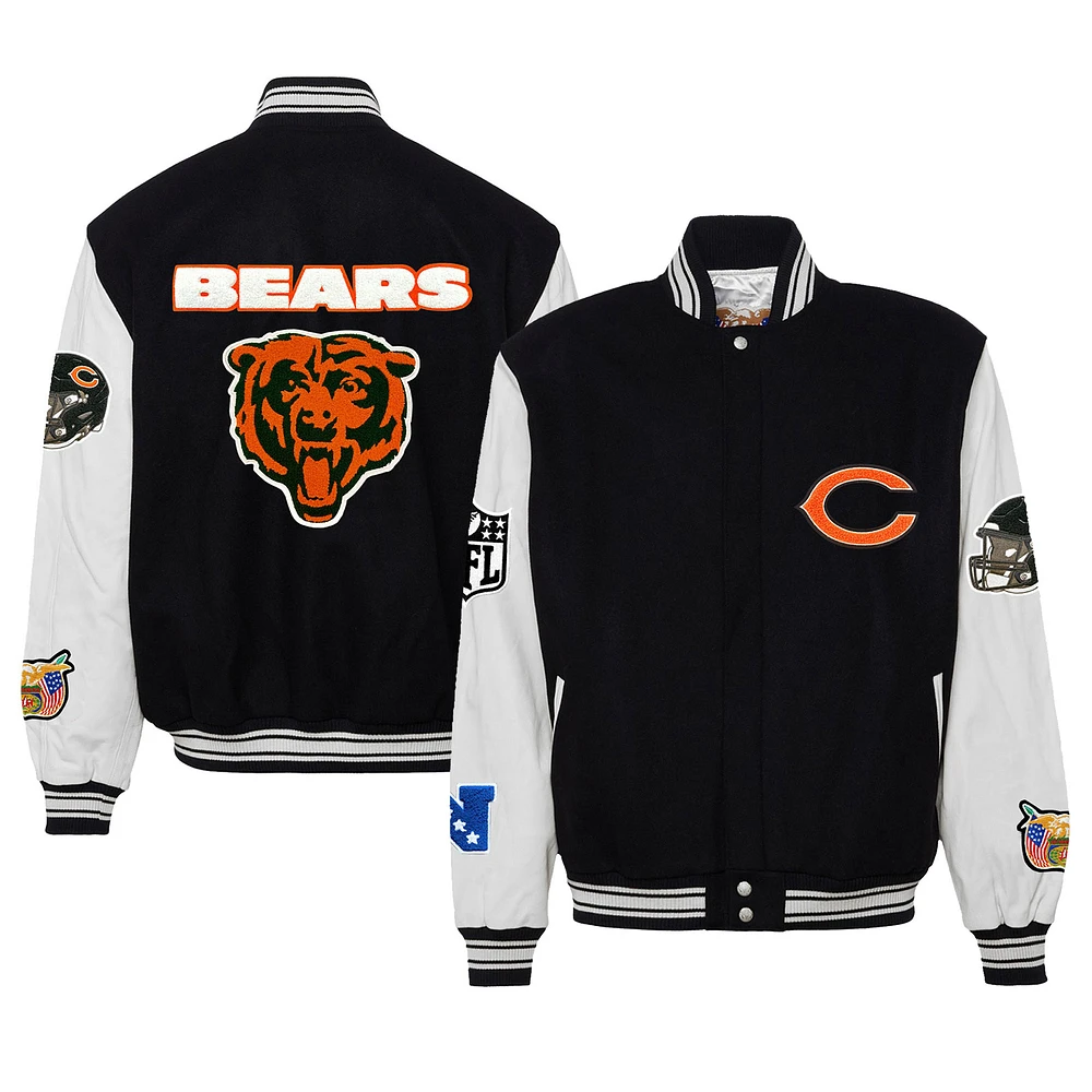 Men's Jeff Hamilton Black Chicago Bears Wool & Leather Full-Snap Varsity Jacket