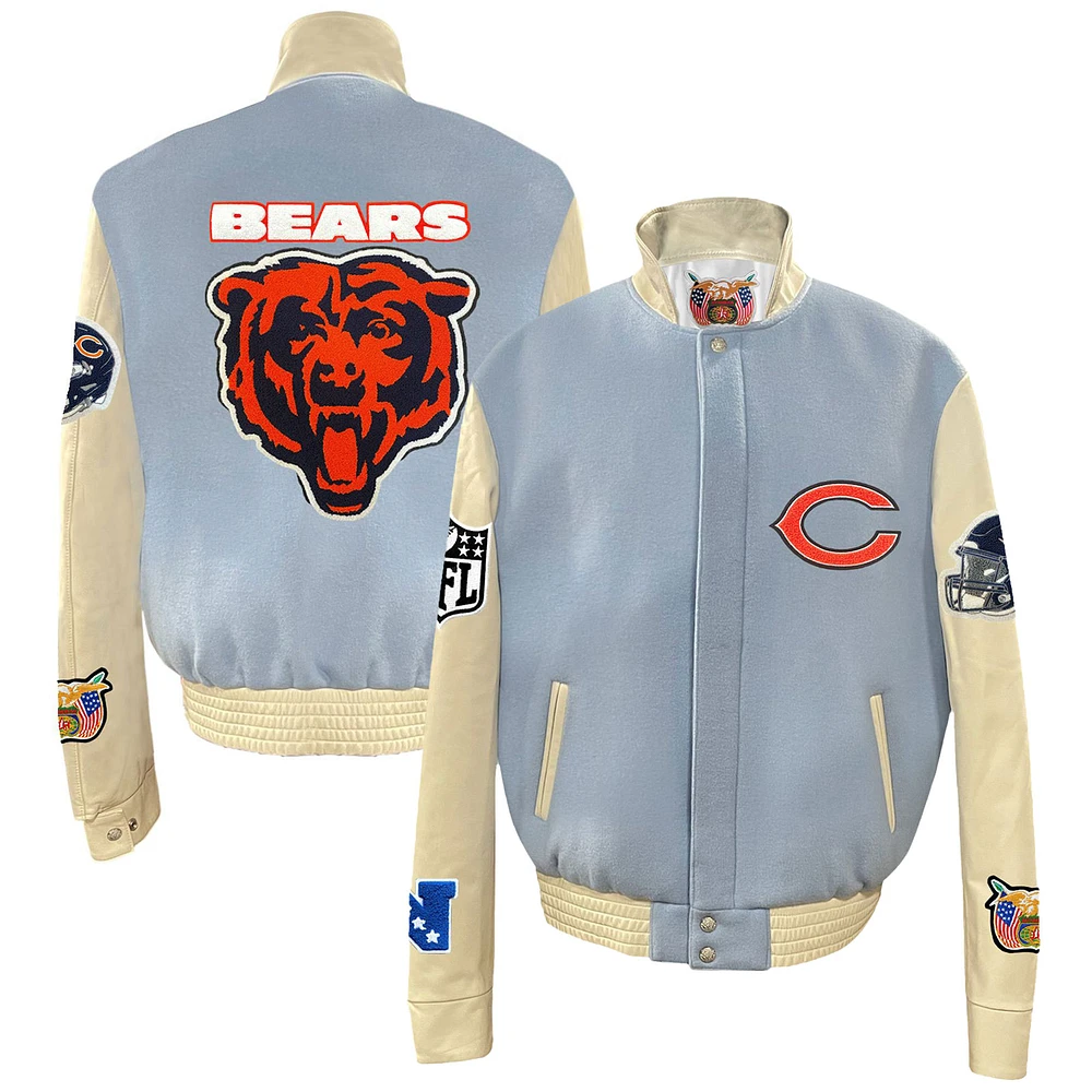 Men's Jeff Hamilton Light Blue Chicago Bears Wool & Leather Full-Snap Varsity Jacket