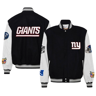 Men's Jeff Hamilton Black New York Giants Wool & Leather Full-Snap Varsity Jacket