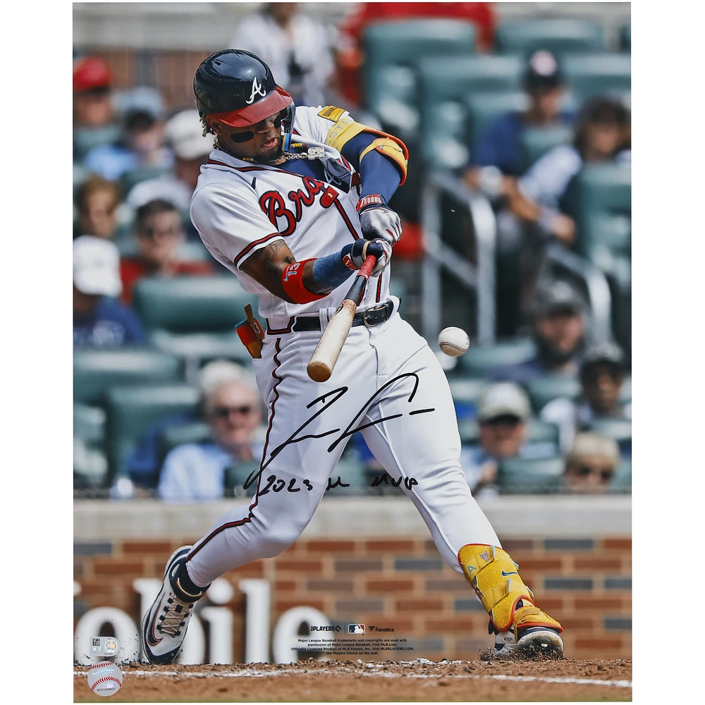 Ronald Acuña Jr. Atlanta Braves Autographed 16" x 20" White Hitting Photograph with "2023 NL MVP" Inscription