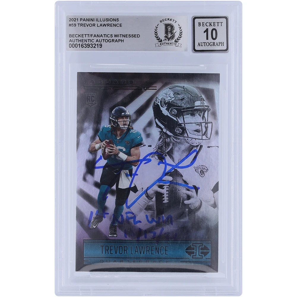 Trevor Lawrence Jacksonville Jaguars Autographed 2021 Panini Illusions #59 Beckett Fanatics Witnessed Authenticated 10 Rookie Card with "1ST NFL Win 10/17/21" Inscription