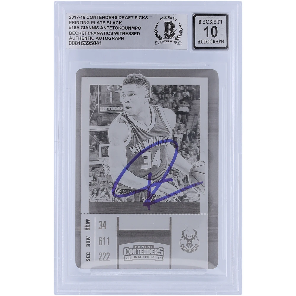 Giannis Antetokounmpo Milwaukee Bucks Autographed 2017-18 Panini Contenders Optic Draft Picks Black Printing Plate #18 #1/1 Beckett Fanatics Witnessed Authenticated 10 Card