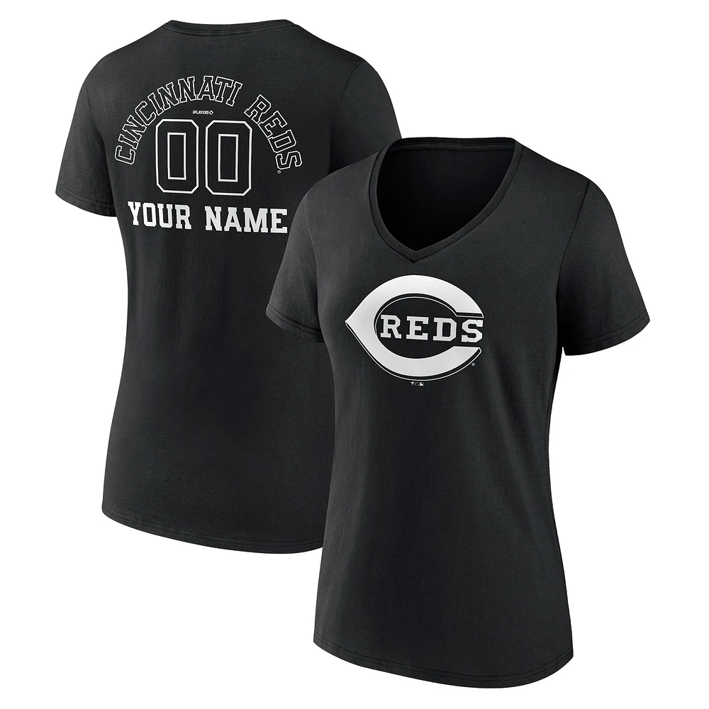 Women's Black Cincinnati Reds Monochrome Personalized Name & Number V-Neck T-Shirt