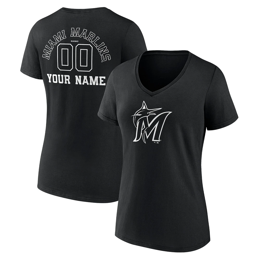 Women's Black Miami Marlins Monochrome Personalized Name & Number V-Neck T-Shirt