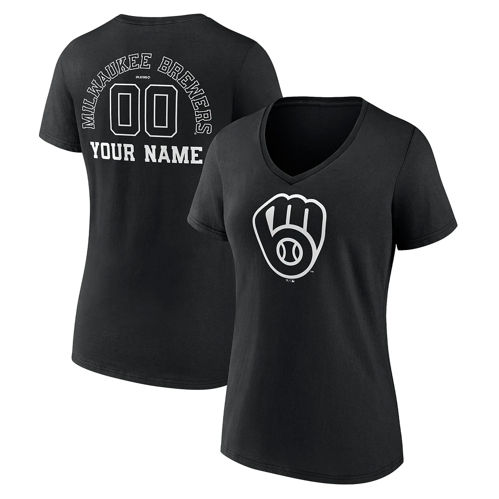 Women's Black Milwaukee Brewers Monochrome Personalized Name & Number V-Neck T-Shirt