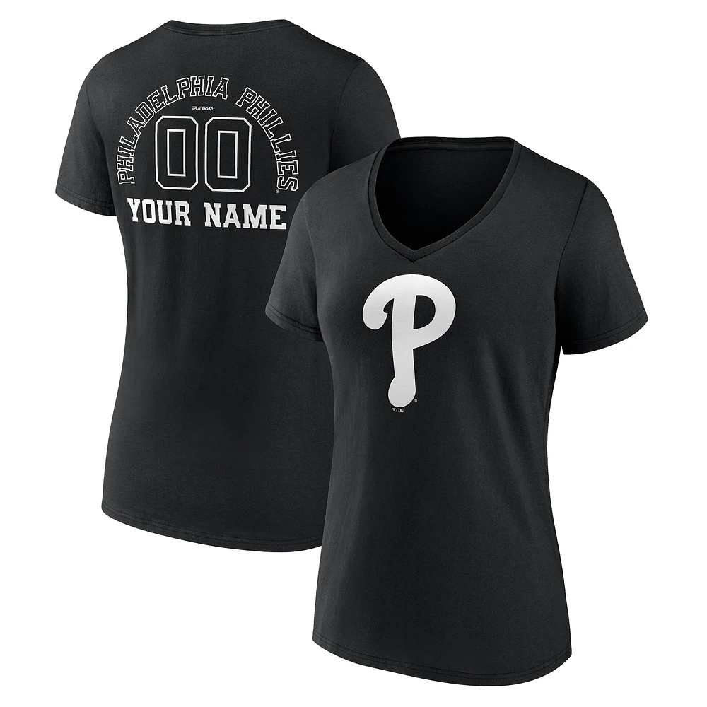 Women's Black Philadelphia Phillies Monochrome Personalized Name & Number V-Neck T-Shirt