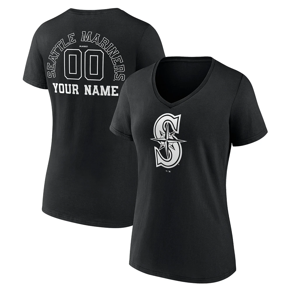 Women's Black Seattle Mariners Monochrome Personalized Name & Number V-Neck T-Shirt