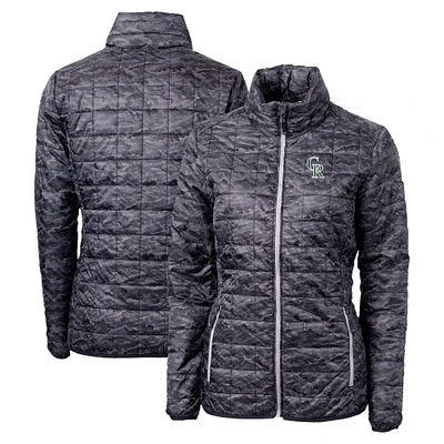 Women's Cutter & Buck Black Colorado Rockies City Connect Rainier PrimaLoft Eco Insulated Full-Zip Printed Puffer Jacket