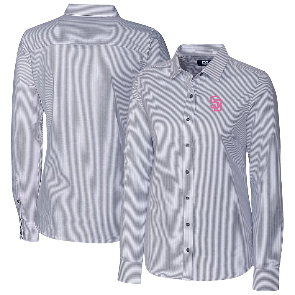 Women's Cutter & Buck Charcoal San Diego Padres City Connect Oxford Stripe Stretch Dress Shirt